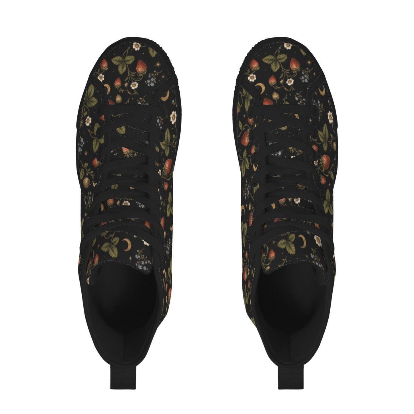 Celestial High Top Sneakers, Black Moon Star Berry Print Canvas Trainers
