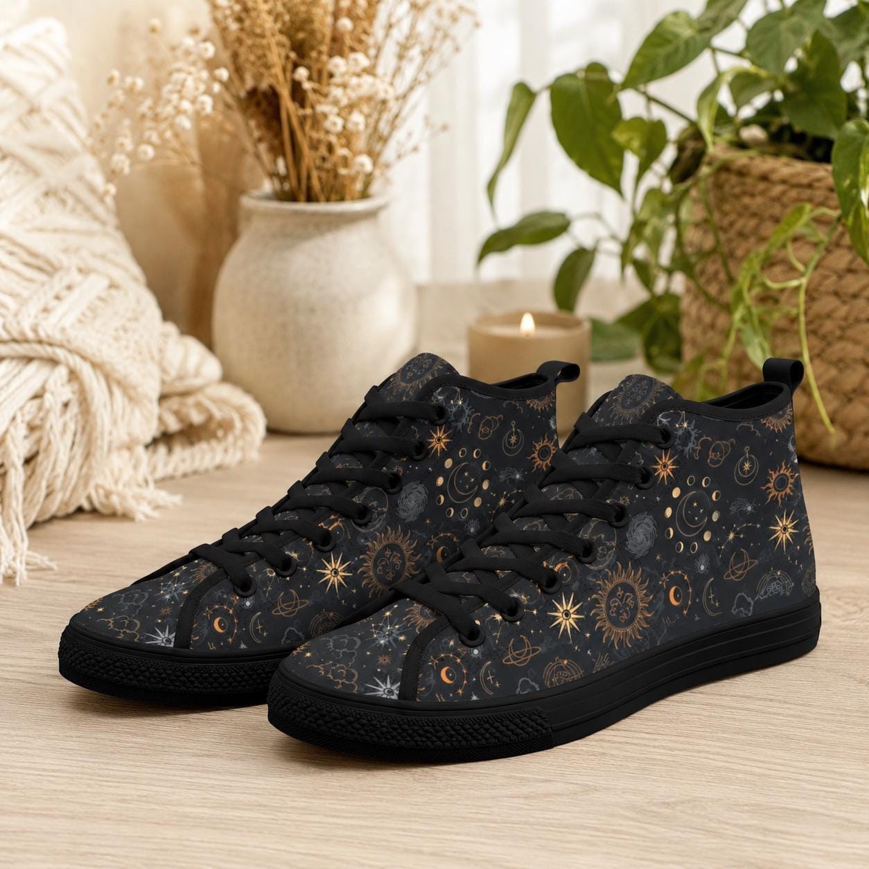 Celestial High Top Sneakers, Black Sun Moon Astrology Print Lace Up Shoes