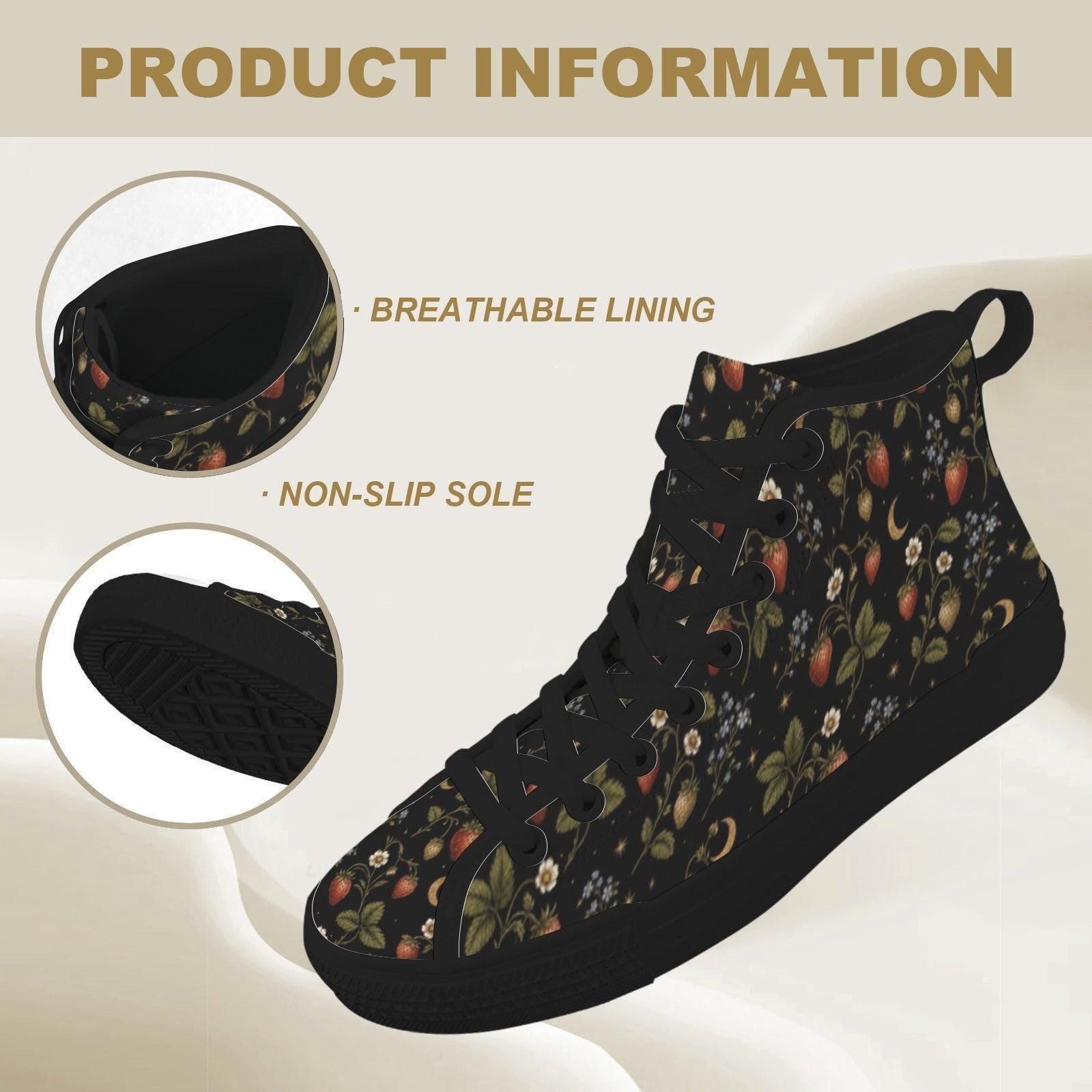 Celestial High Top Sneakers, Black Moon Star Berry Print Canvas Trainers
