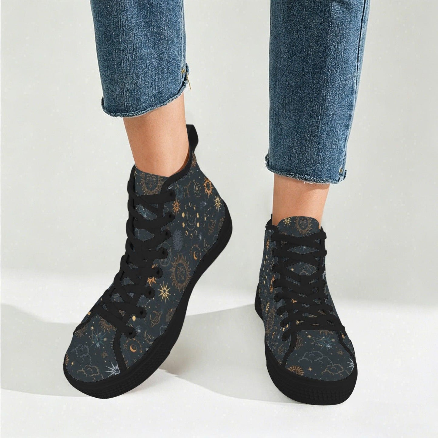 Celestial High Top Sneakers, Black Sun Moon Astrology Print Lace Up Shoes