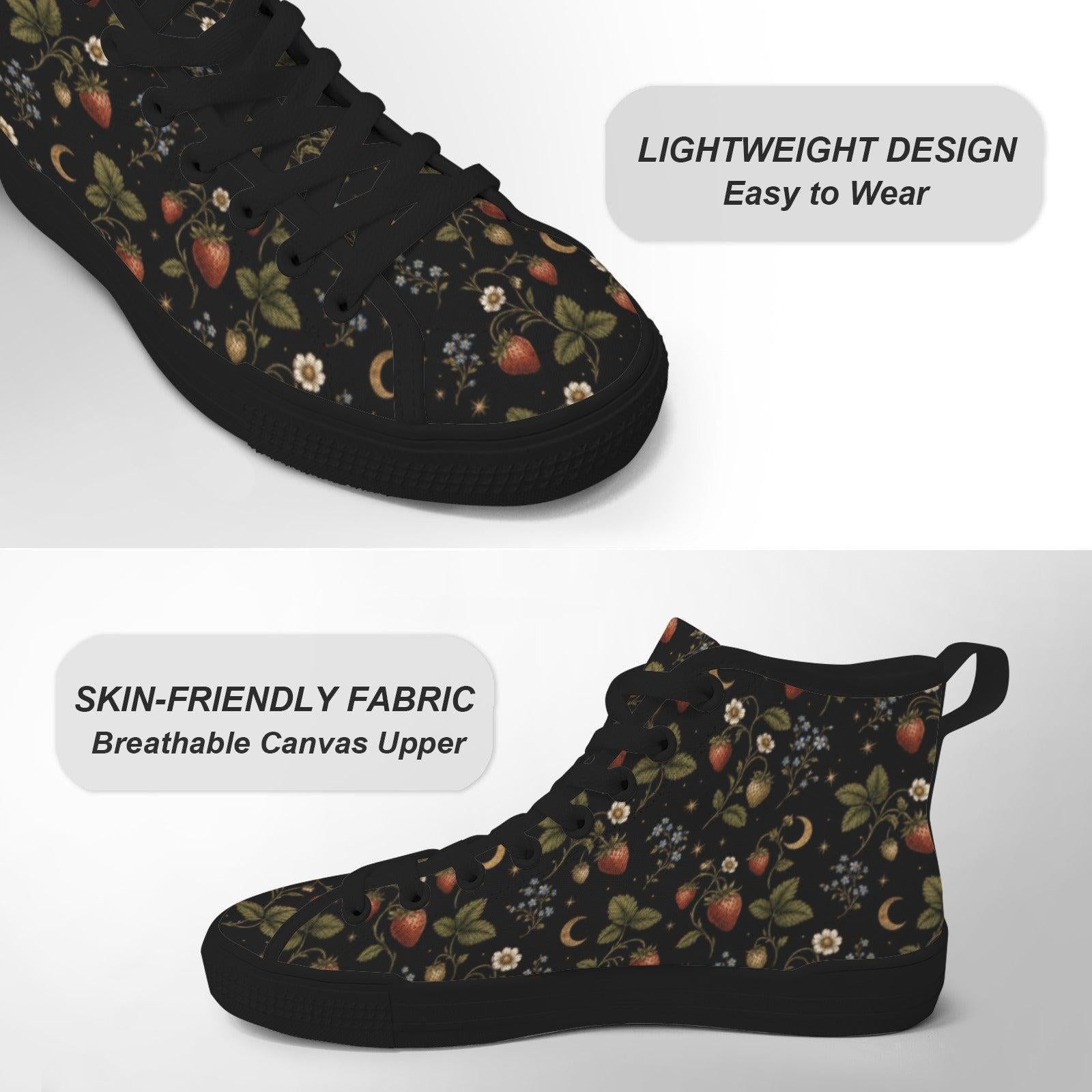 Celestial High Top Sneakers, Black Moon Star Berry Print Canvas Trainers