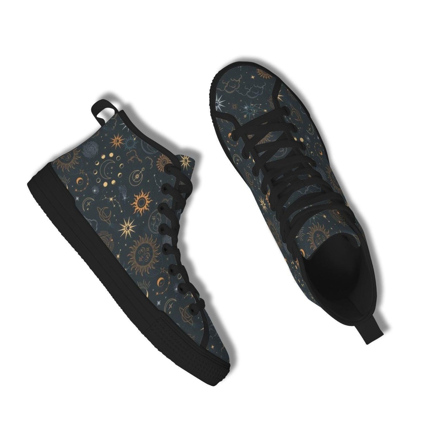 Celestial High Top Sneakers, Black Sun Moon Astrology Print Lace Up Shoes