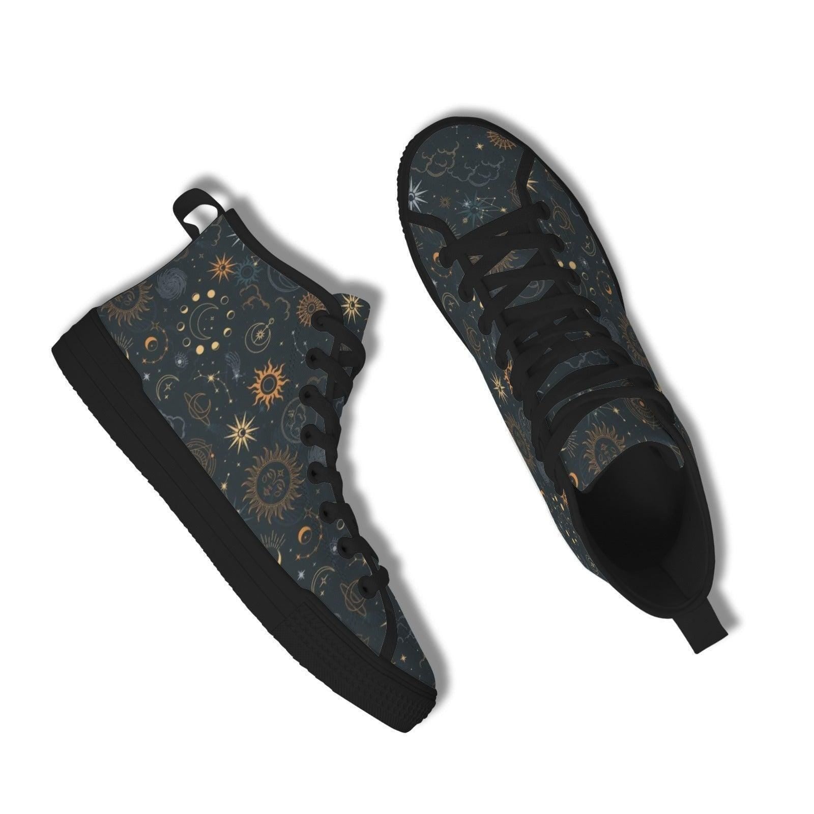 Celestial High Top Sneakers, Black Sun Moon Astrology Print Lace Up Shoes