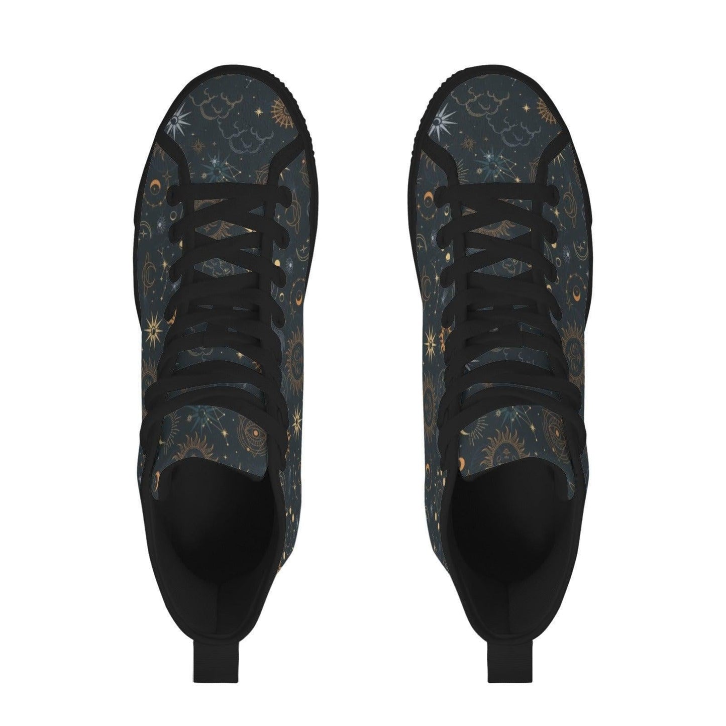 Celestial High Top Sneakers, Black Sun Moon Astrology Print Lace Up Shoes