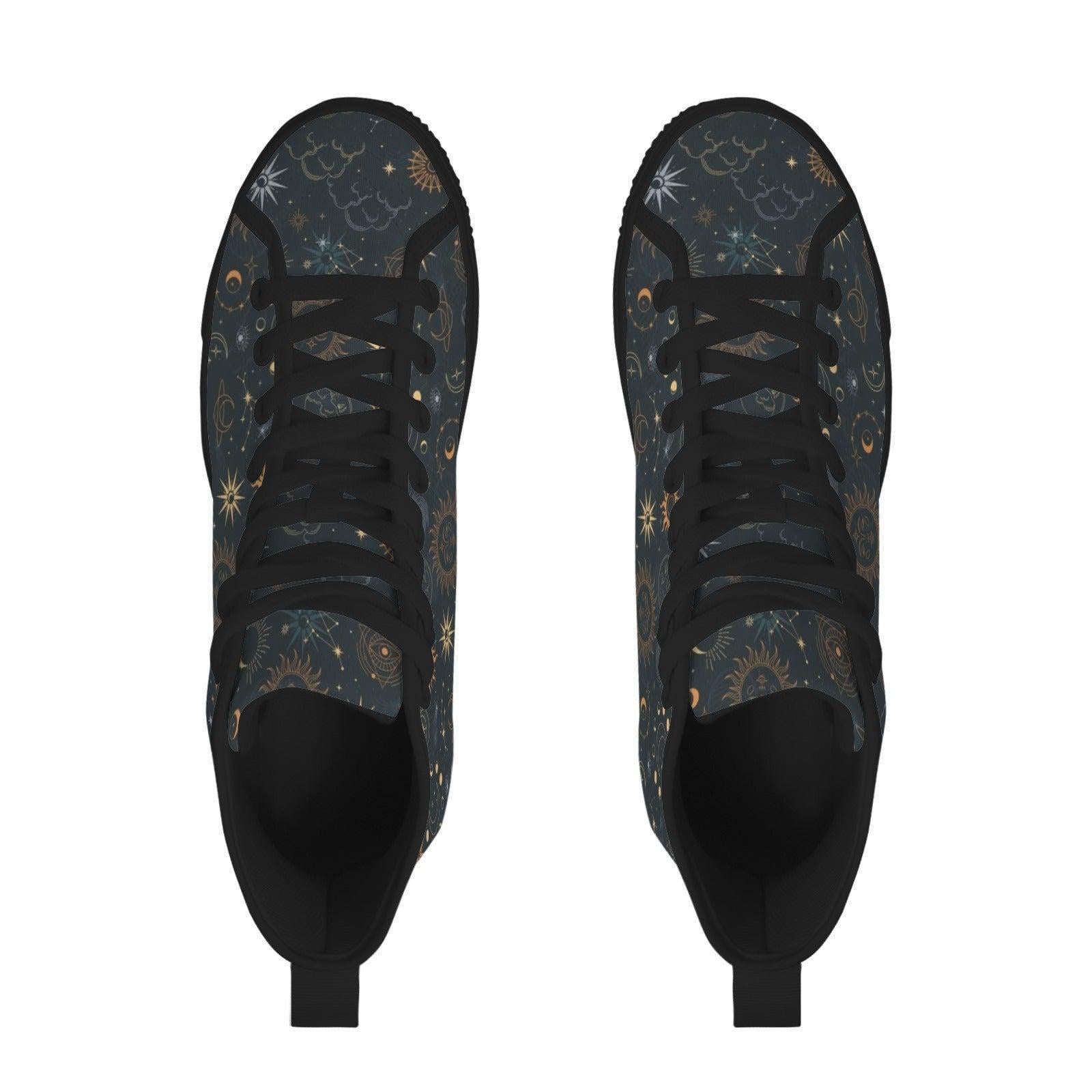 Celestial High Top Sneakers, Black Sun Moon Astrology Print Lace Up Shoes