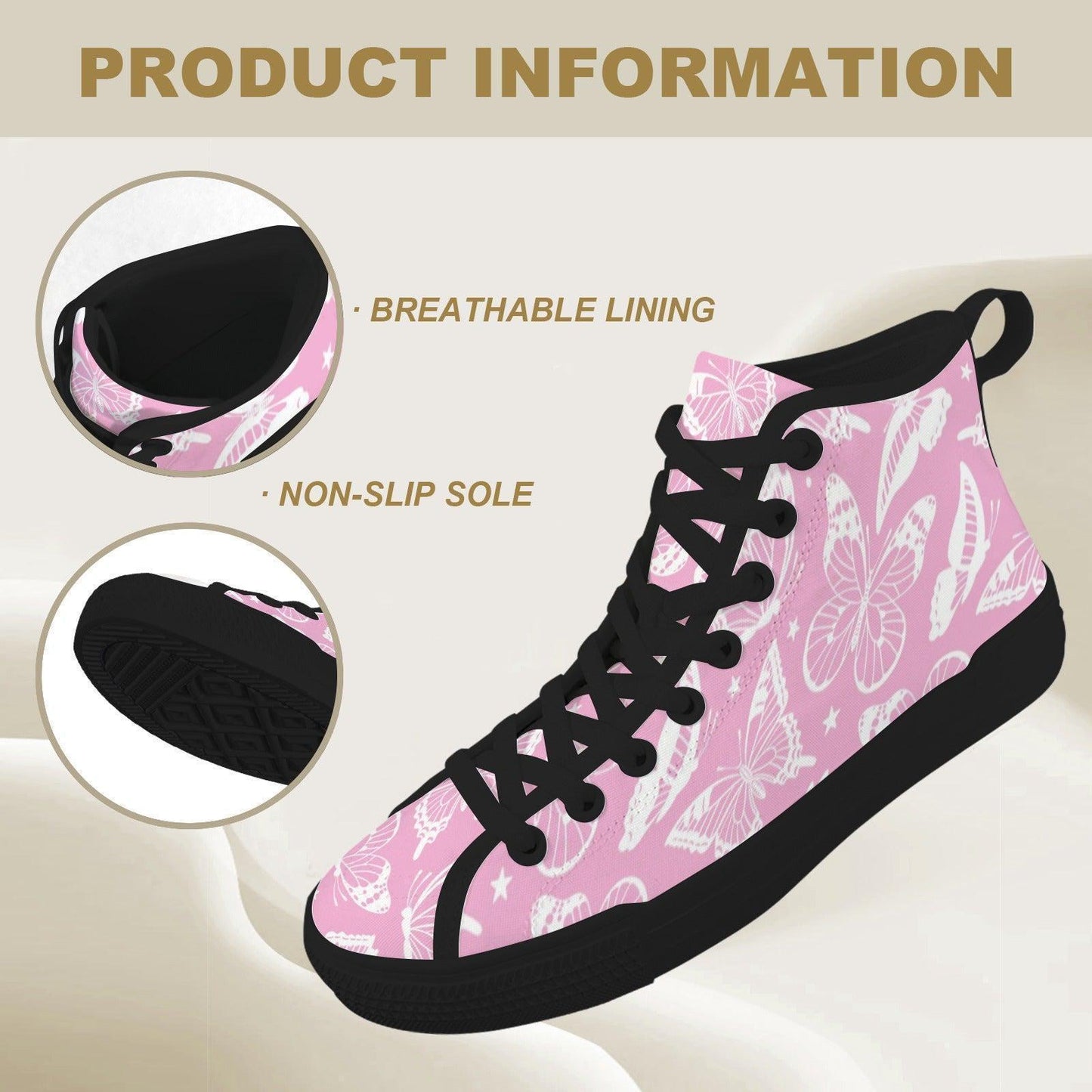 Pink Butterfly High Top Canvas Shoes, White Floral Print, Fairycore Lace Up Trainers