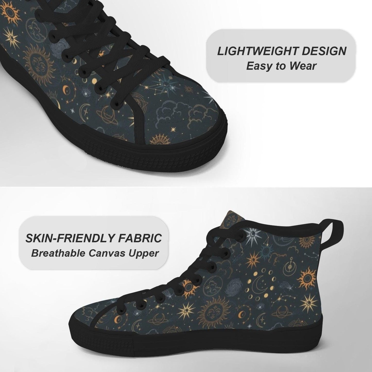 Celestial High Top Sneakers, Black Sun Moon Astrology Print Lace Up Shoes