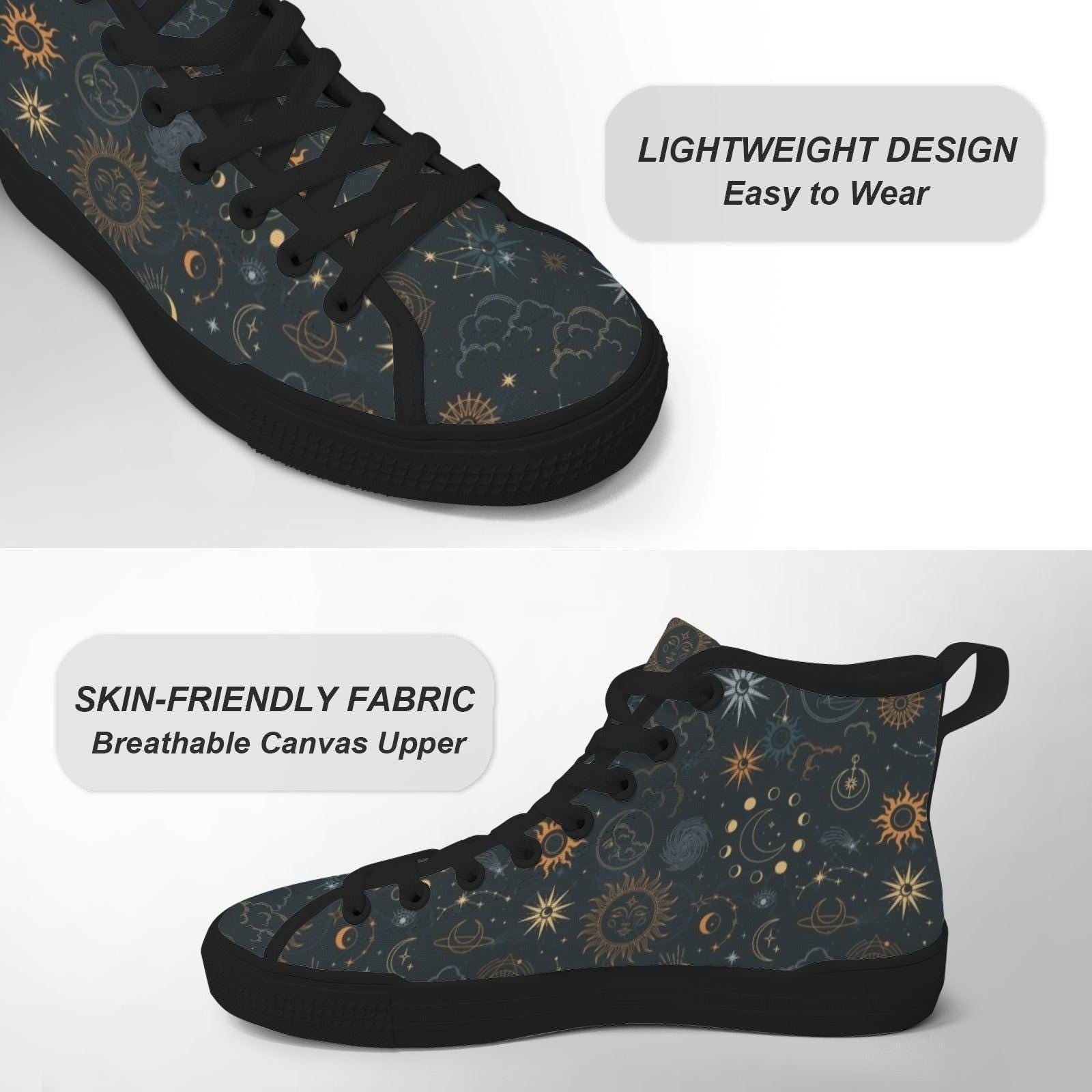 Celestial High Top Sneakers, Black Sun Moon Astrology Print Lace Up Shoes