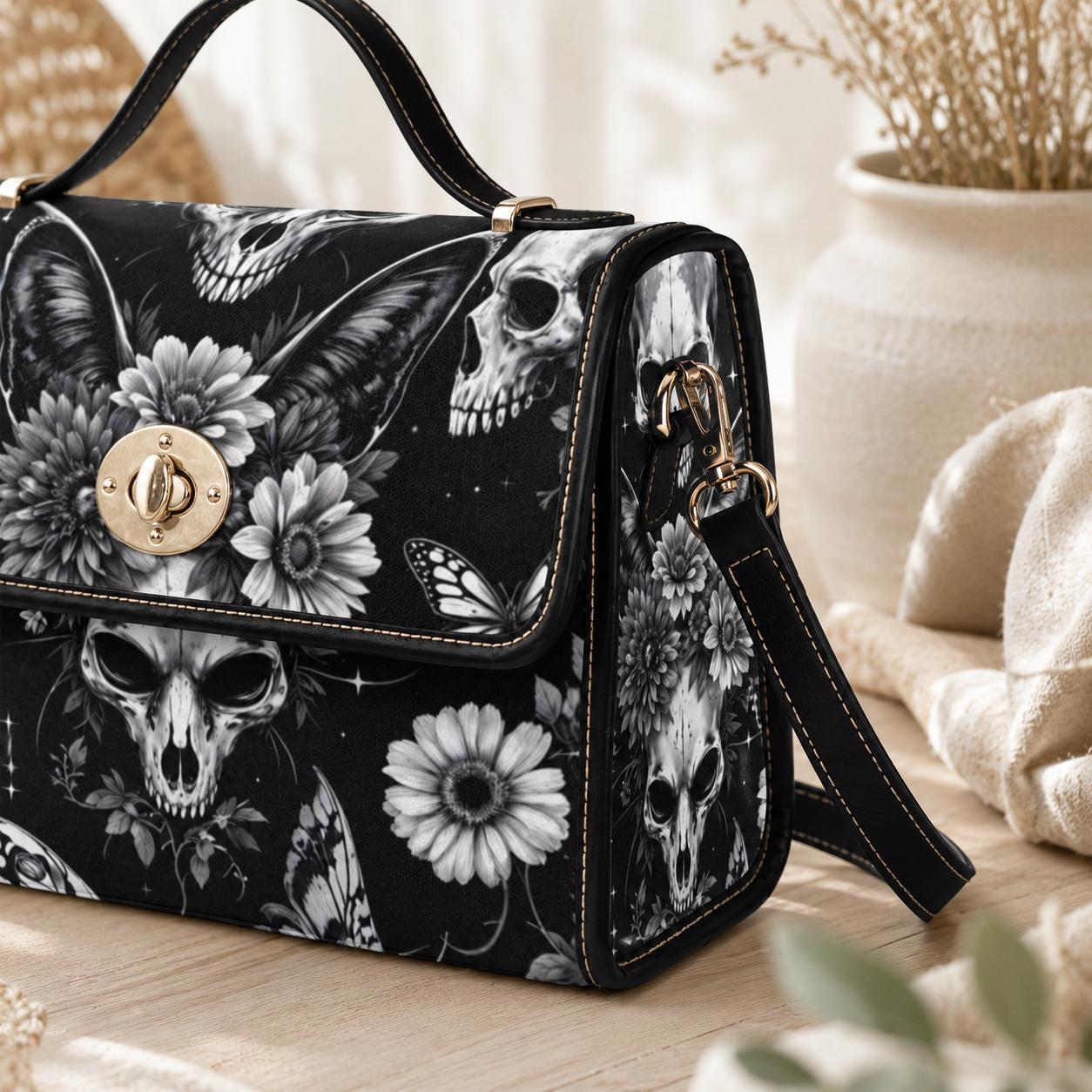 Gothic Bunny Skull Crossbody Bag, Dark Floral Print Handbag for Witchy, Alternative Fashion