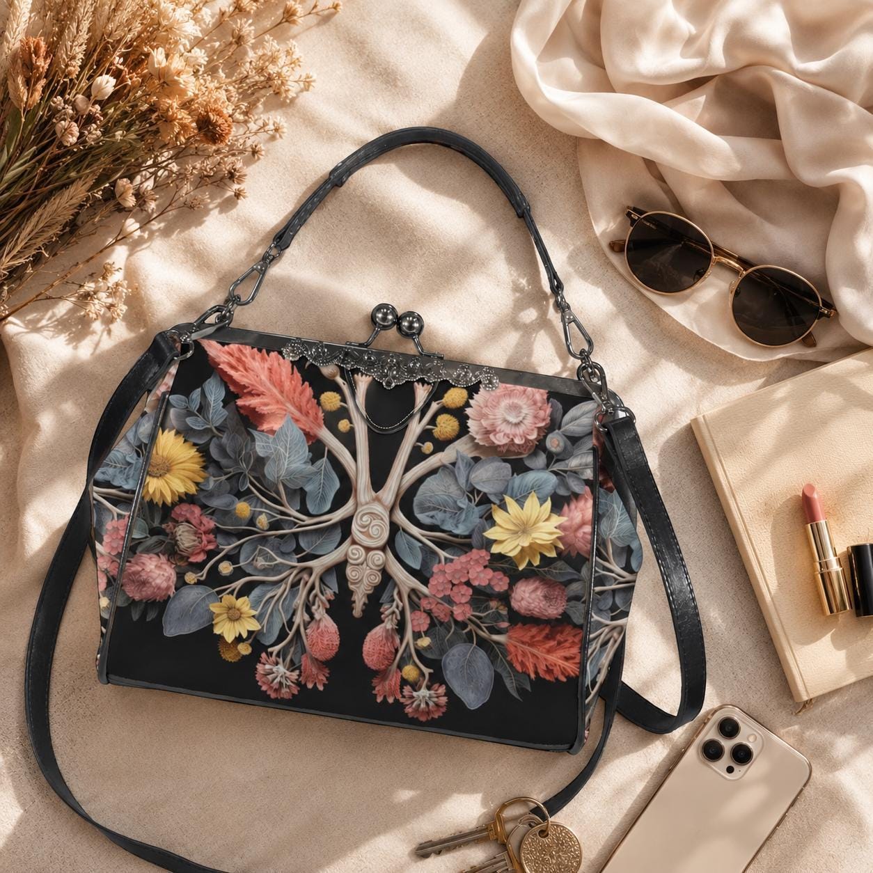 Botanical anatomy purse, dark floral kisslock bag, vintage frame handbag