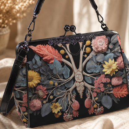 Botanical anatomy purse, dark floral kisslock bag, vintage frame handbag
