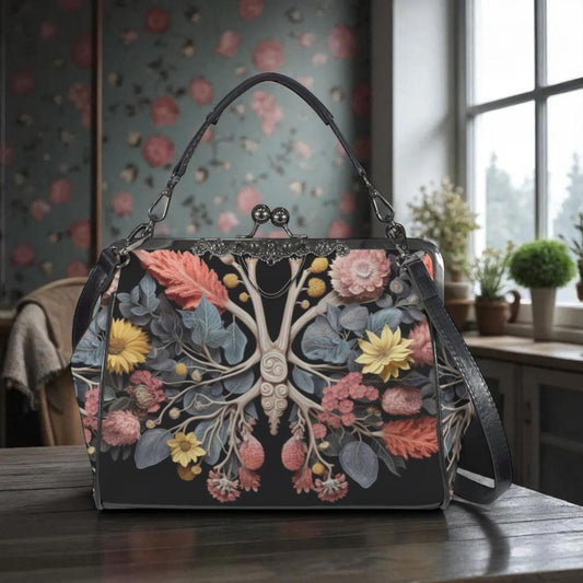 A handbag with a floral print design, featuring a tree-like pattern with various flowers and leaves, is displayed on a wooden surface.