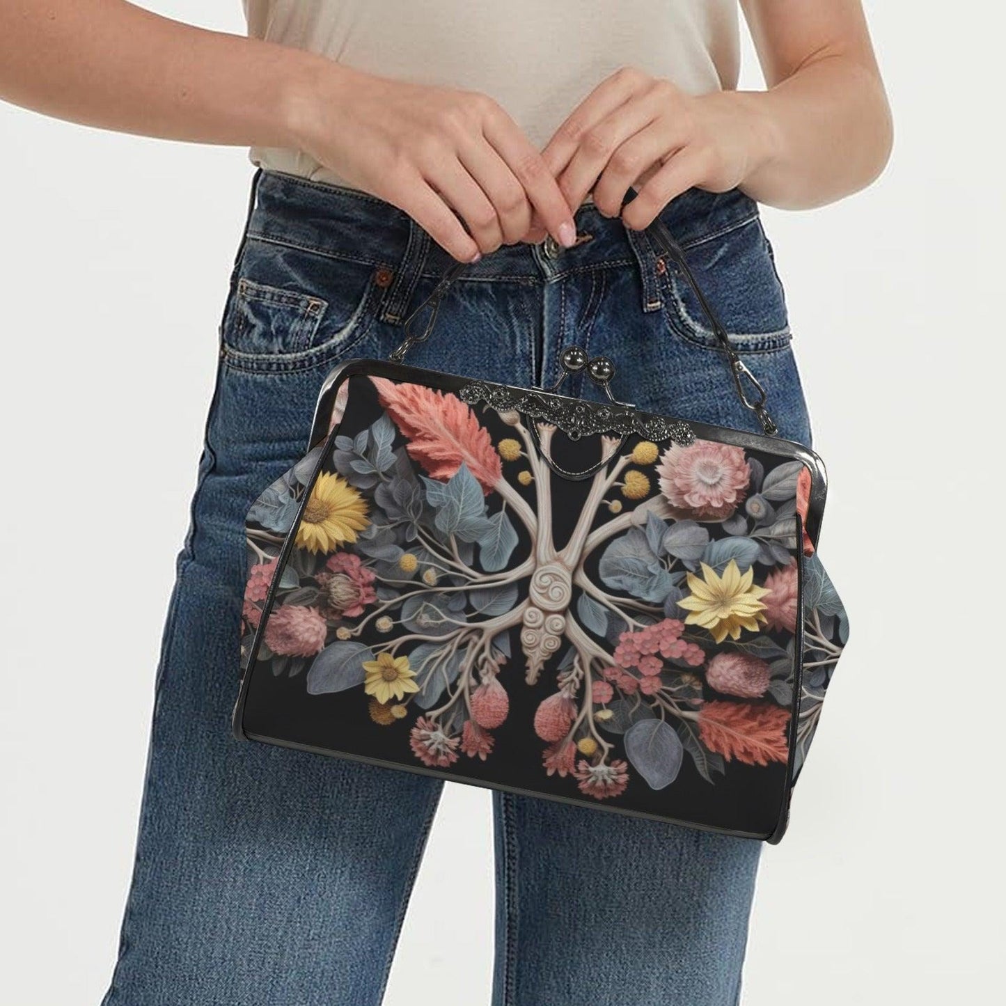 Botanical anatomy purse, dark floral kisslock bag, vintage frame handbag