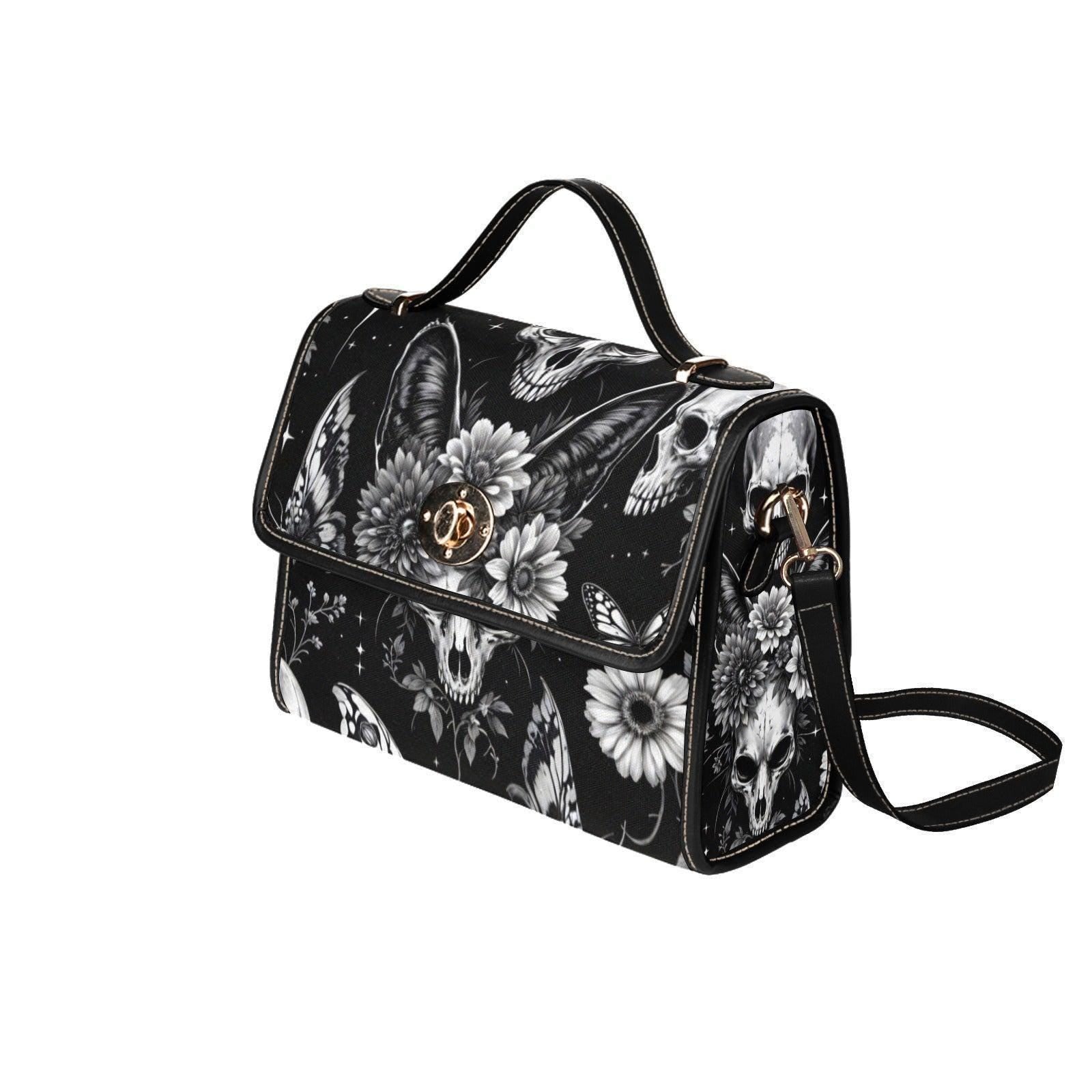 Gothic Bunny Skull Crossbody Bag, Dark Floral Print Handbag for Witchy, Alternative Fashion