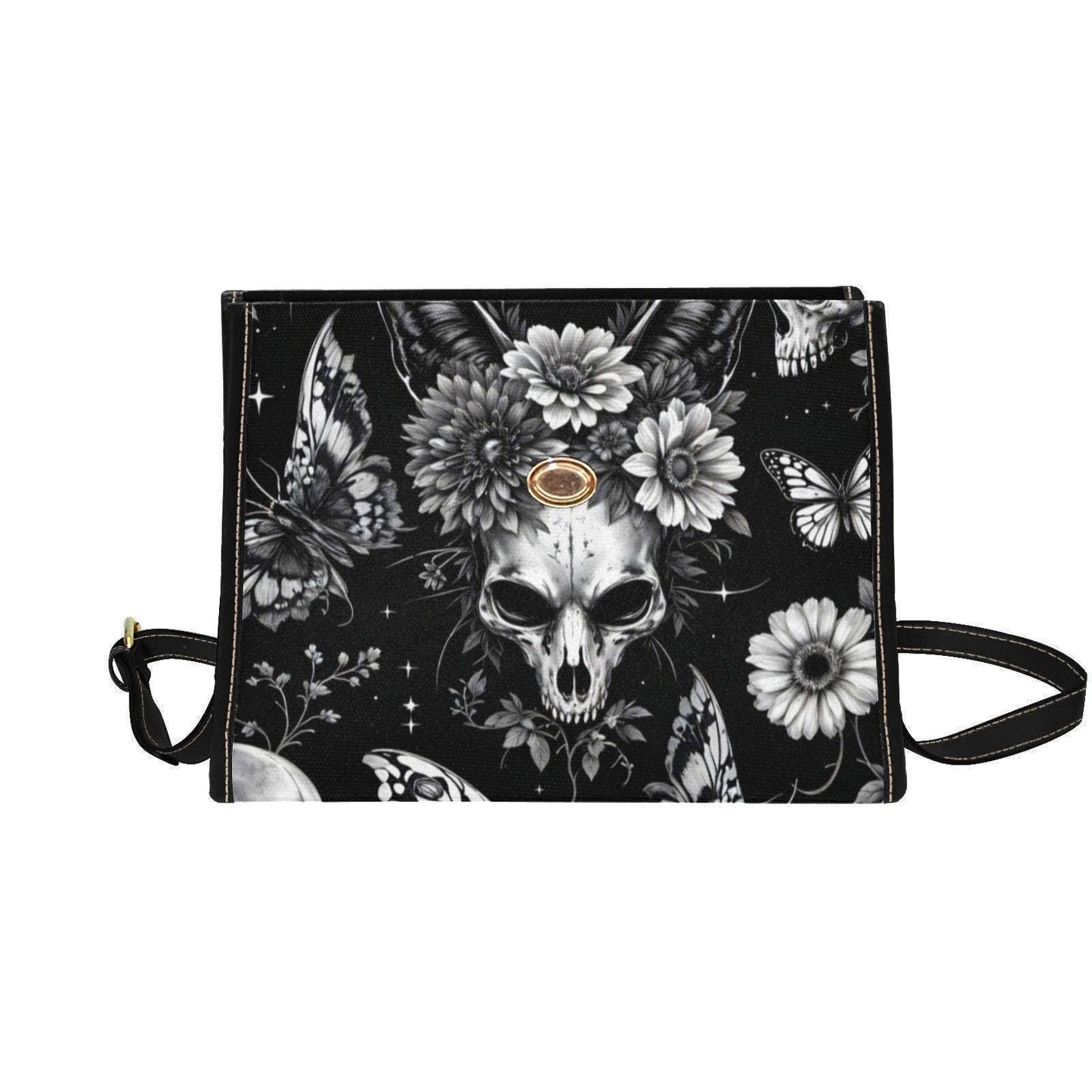 Gothic Bunny Skull Crossbody Bag, Dark Floral Print Handbag for Witchy, Alternative Fashion