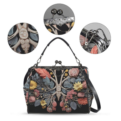 Botanical anatomy purse, dark floral kisslock bag, vintage frame handbag