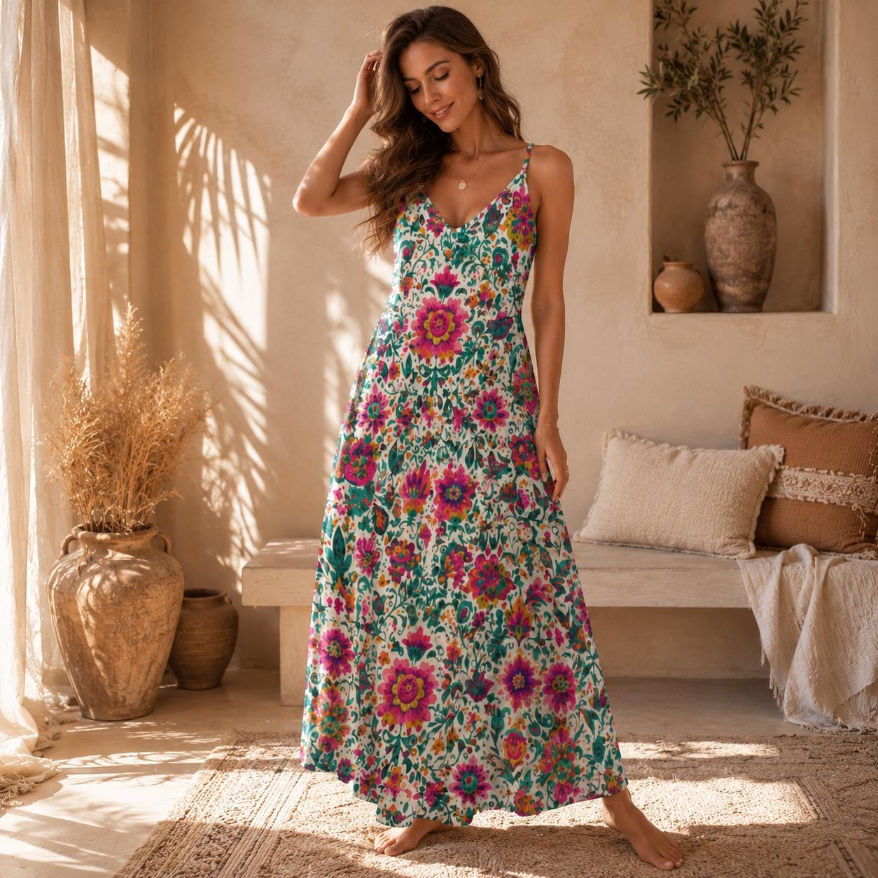 Boho Floral Maxi Dress for Vacation, Folk Art Sundress in Bright Summer Print