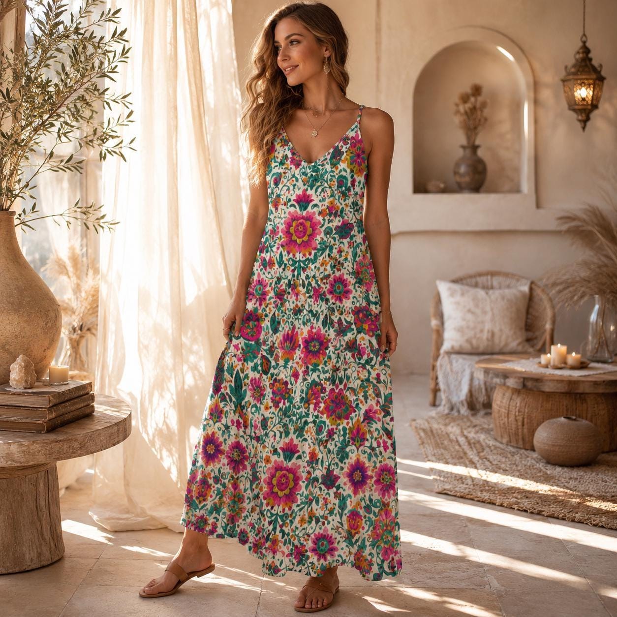 Boho Floral Maxi Dress for Vacation, Folk Art Sundress in Bright Summer Print