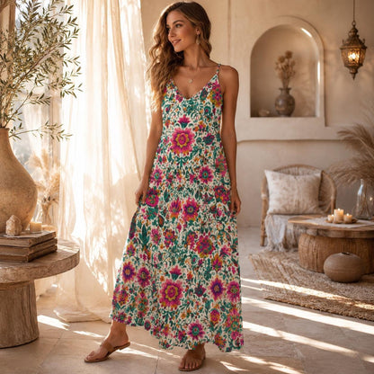 Boho Floral Maxi Dress for Vacation, Folk Art Sundress in Bright Summer Print