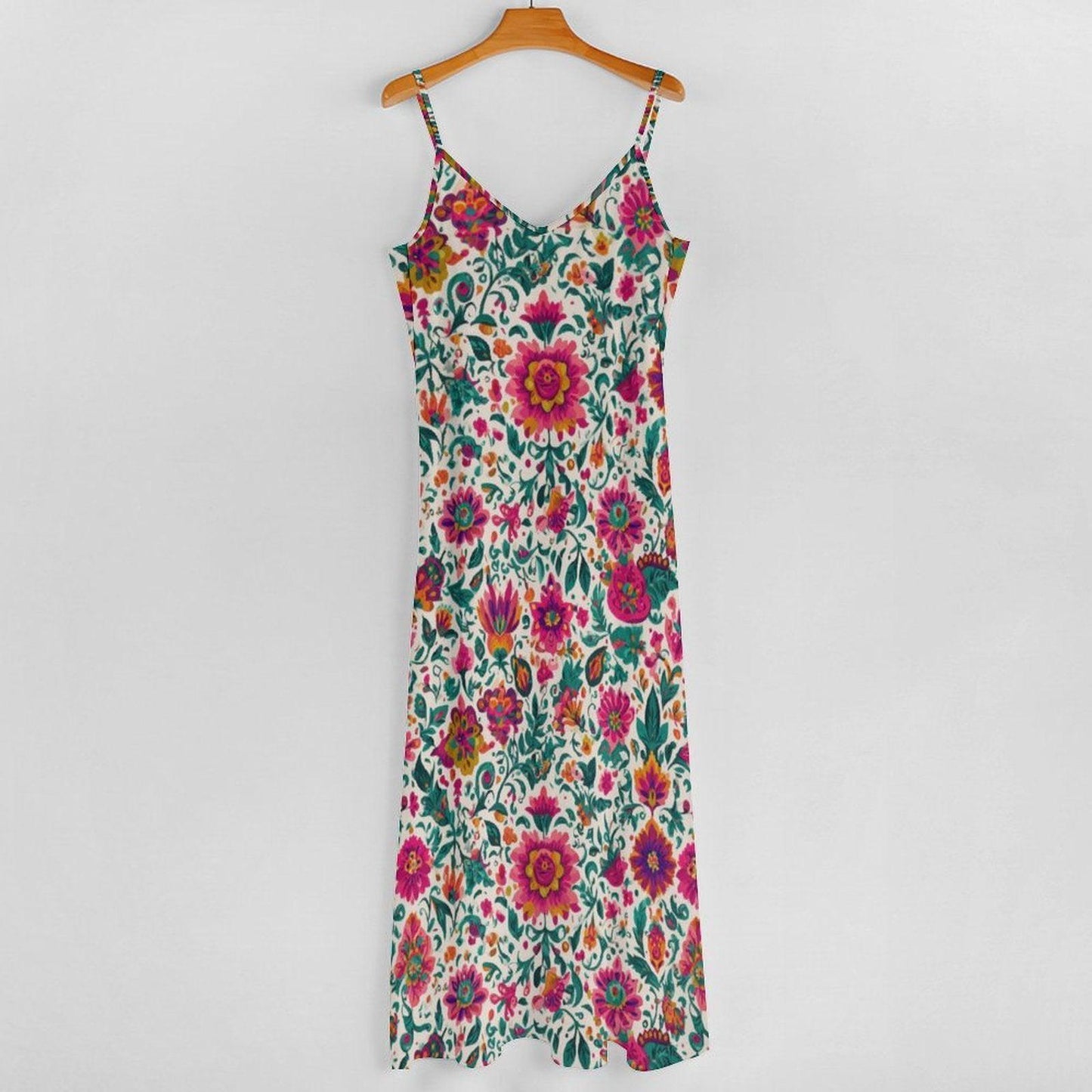 Boho Floral Maxi Dress for Vacation, Folk Art Sundress in Bright Summer Print