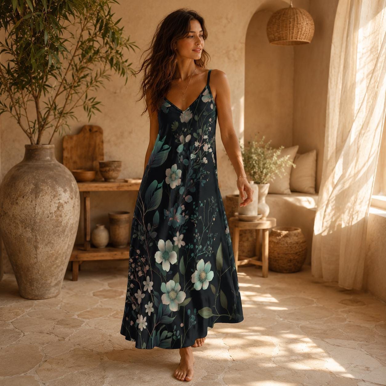 Dark Floral Maxi Dress, Botanical Slip Sundress, Midnight Garden Vacation Dress