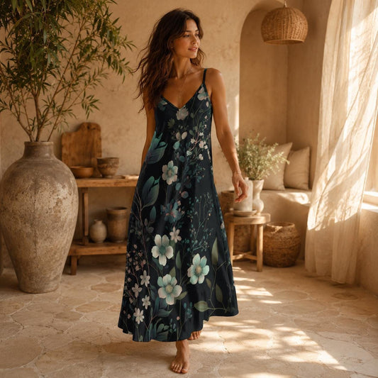 Dark Floral Maxi Dress, Botanical Slip Sundress, Midnight Garden Vacation Dress