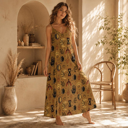 Tarot Print Maxi Dress with Golden Occult Symbols