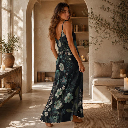 Dark Floral Maxi Dress, Botanical Slip Sundress, Midnight Garden Vacation Dress