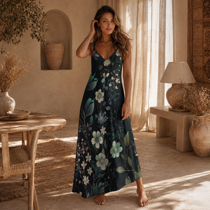 Dark Floral Maxi Dress, Botanical Slip Sundress, Midnight Garden Vacation Dress