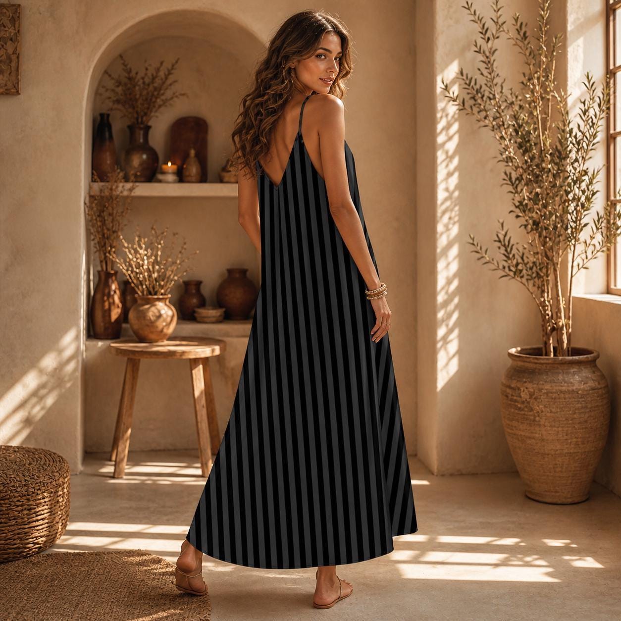 Black Striped Witchy Maxi Slip Dress A-Line Cami