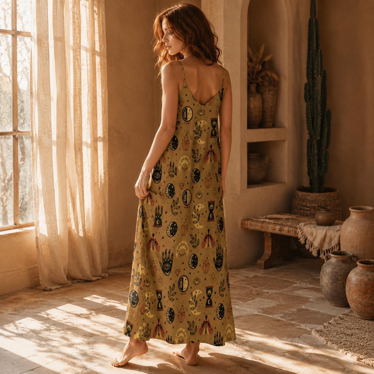 Tarot Print Maxi Dress with Golden Occult Symbols