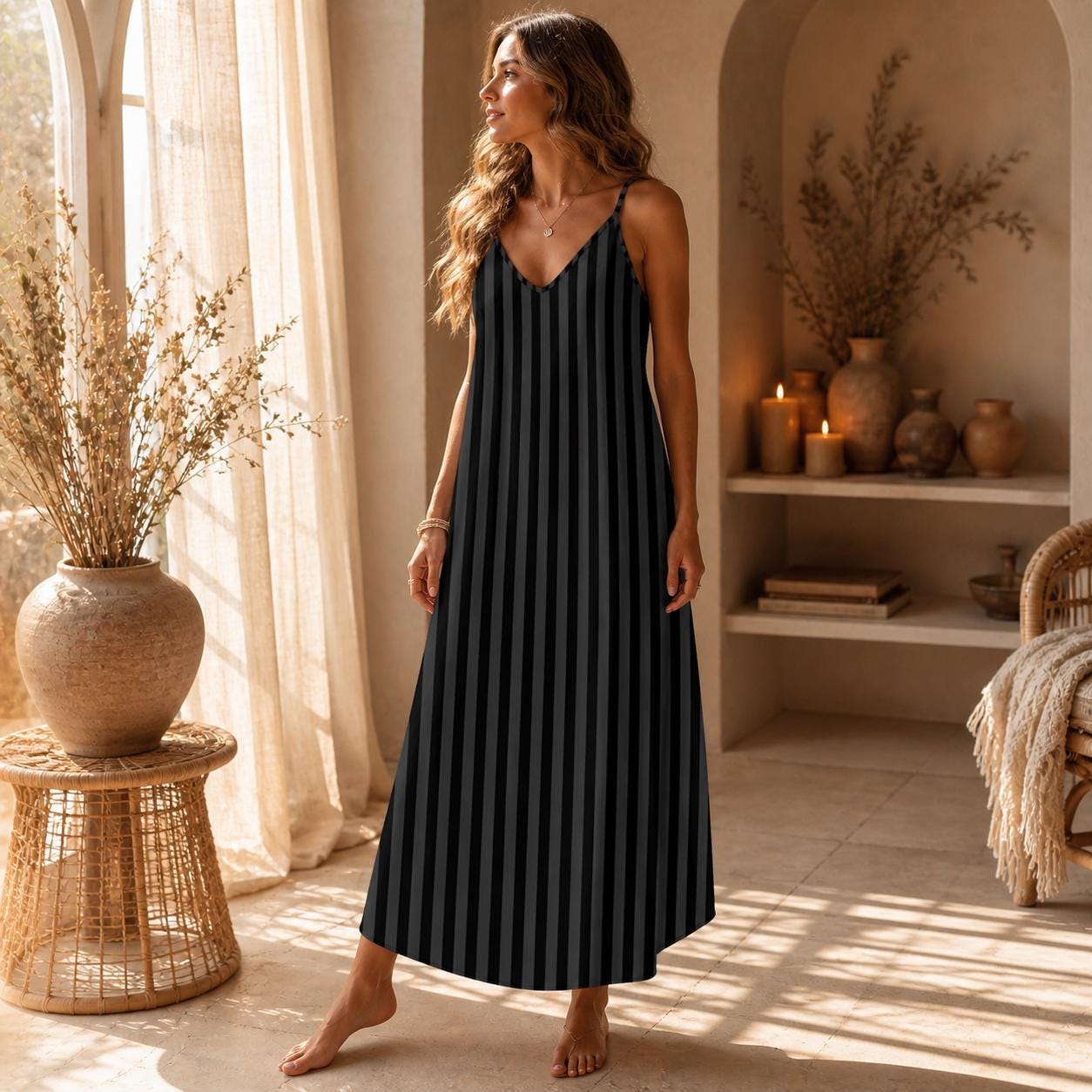 Black Striped Witchy Maxi Slip Dress A-Line Cami