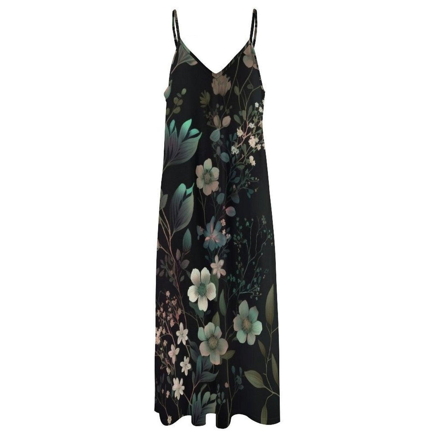 Dark Floral Maxi Dress, Botanical Slip Sundress, Midnight Garden Vacation Dress