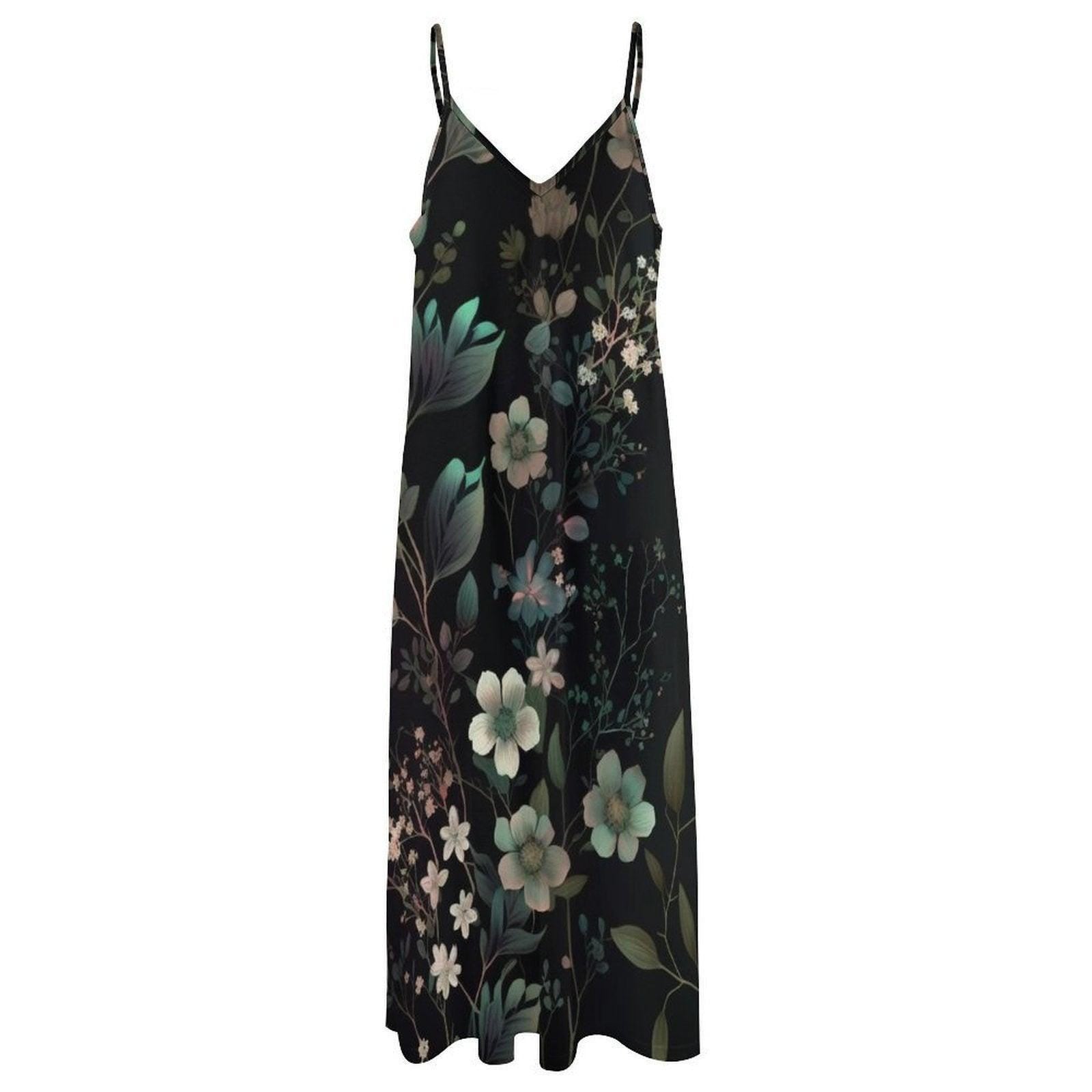 Dark Floral Maxi Dress, Botanical Slip Sundress, Midnight Garden Vacation Dress