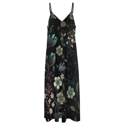 Dark Floral Maxi Dress, Botanical Slip Sundress, Midnight Garden Vacation Dress