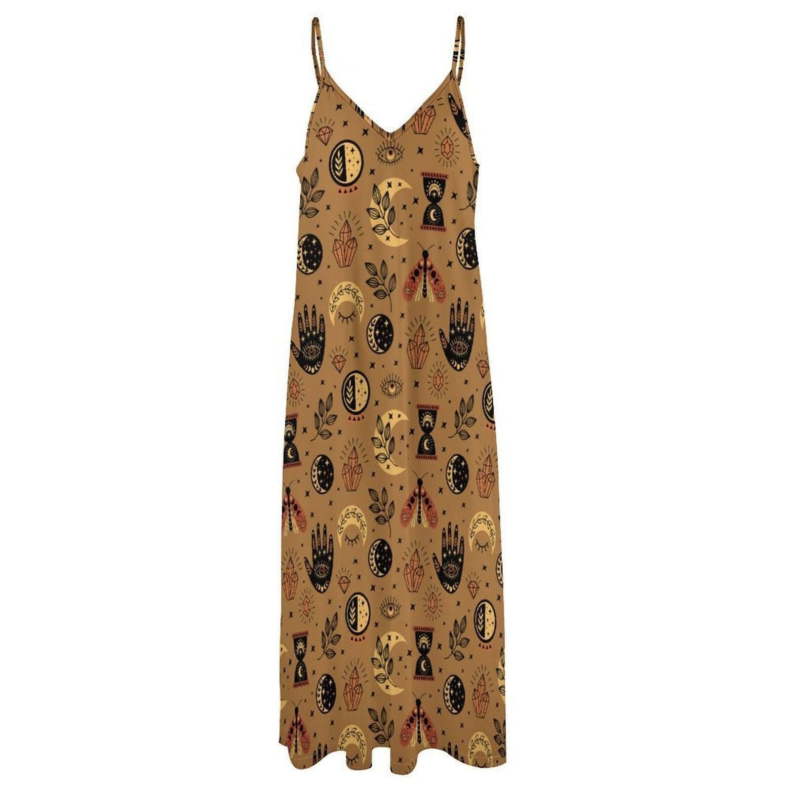 Tarot Print Maxi Dress with Golden Occult Symbols