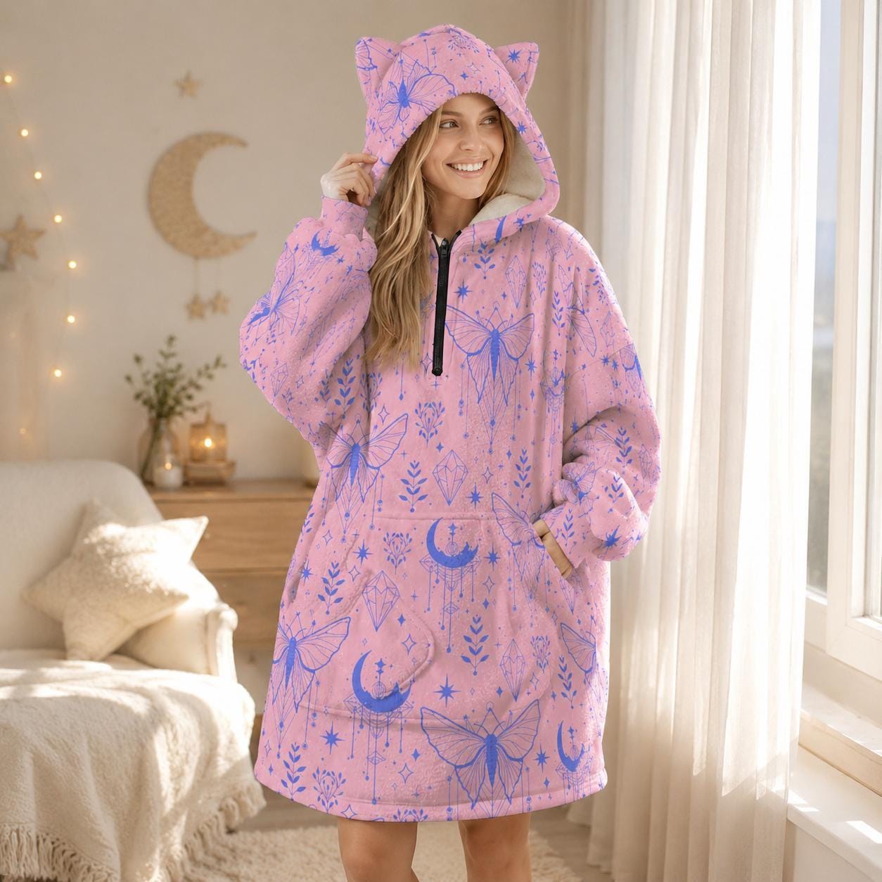 Pink Celestial Moth Hooded Blanket, Cat Ear Wearable Throw, Pastel Moon Lounge Hoodie