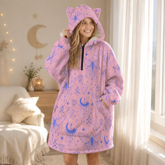 Pink Celestial Moth Hooded Blanket, Cat Ear Wearable Throw, Pastel Moon Lounge Hoodie
