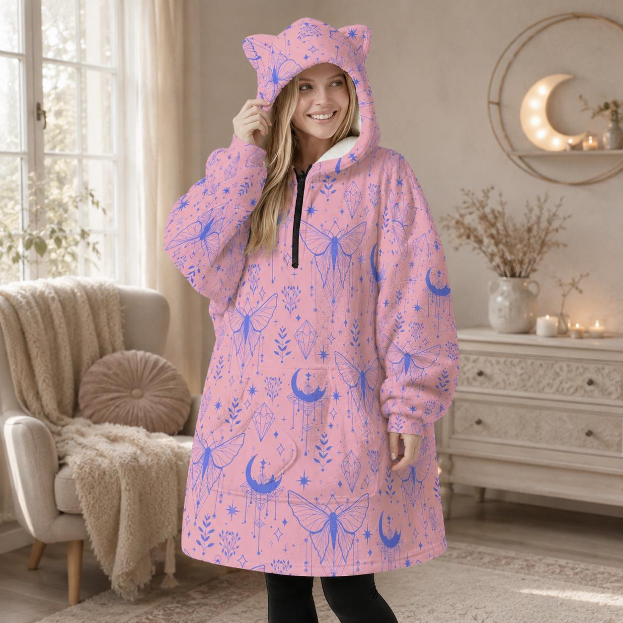 Pink Celestial Moth Hooded Blanket, Cat Ear Wearable Throw, Pastel Moon Lounge Hoodie