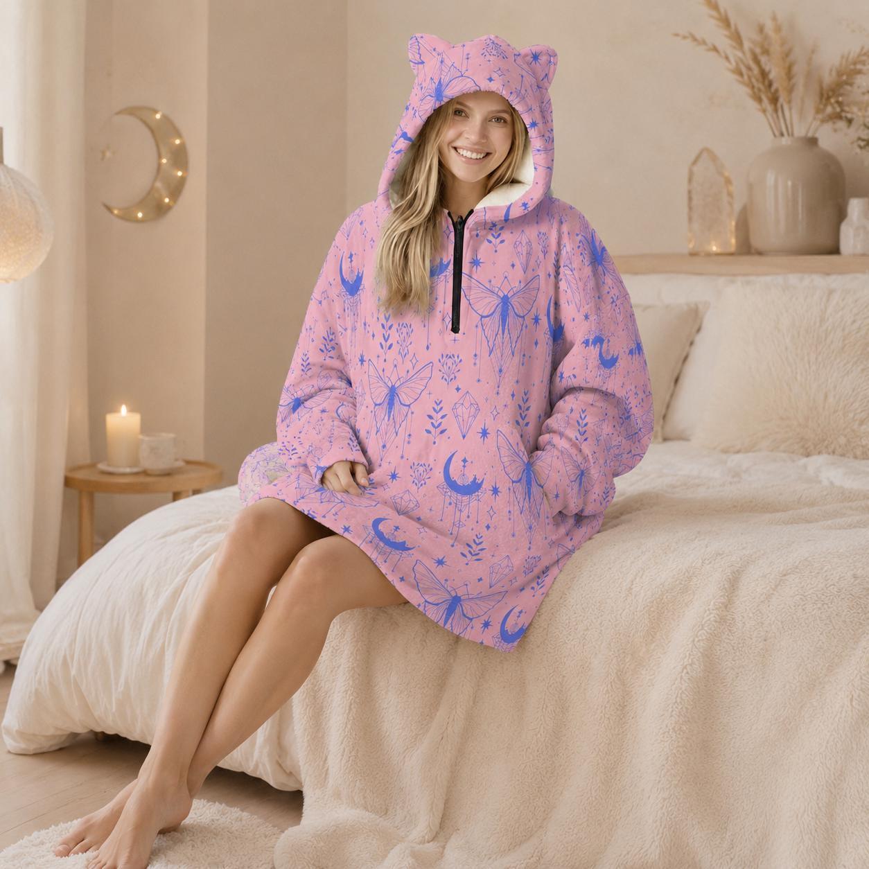 Pink Celestial Moth Hooded Blanket, Cat Ear Wearable Throw, Pastel Moon Lounge Hoodie