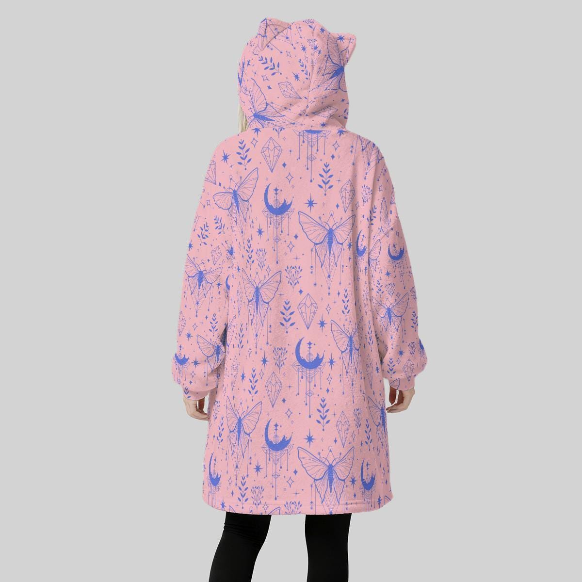 Pink Celestial Moth Hooded Blanket, Cat Ear Wearable Throw, Pastel Moon Lounge Hoodie