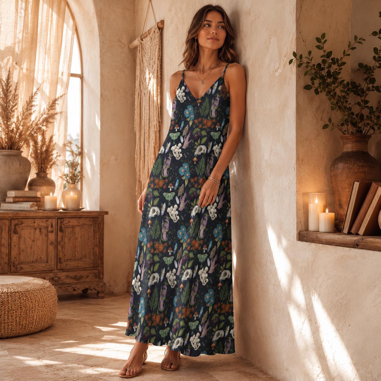 Woodland Maxi Dress, Fairycore Boho Floral Sundress, Dark Cottagecore Ankle-Length Style