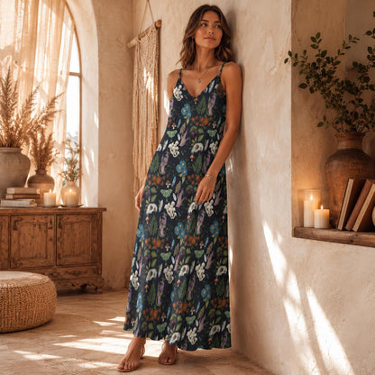 Mushroom Maxi Dress, Dark Cottagecore Luna Moth Print, Flowy V-Neck Sundress