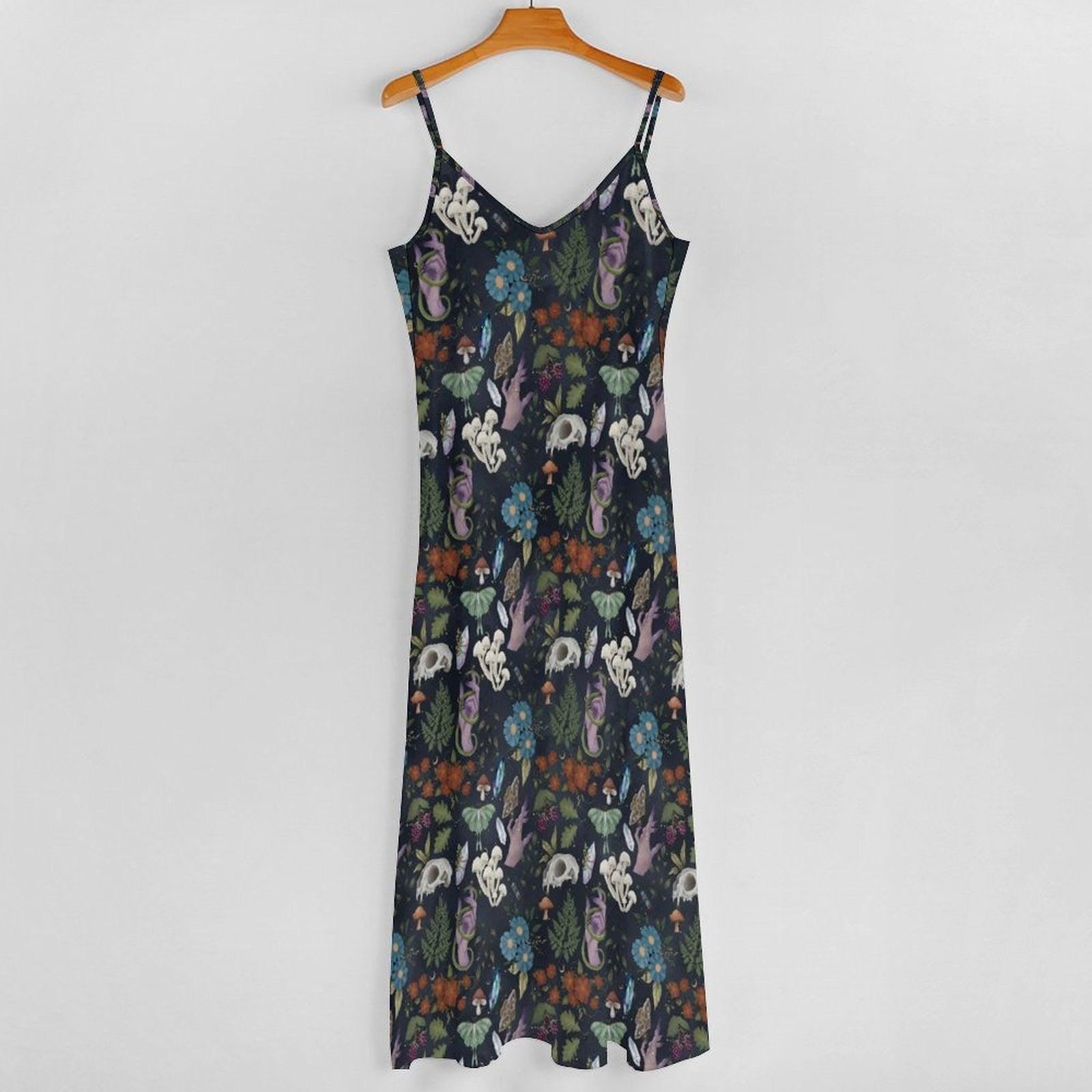 Woodland Maxi Dress, Fairycore Boho Floral Sundress, Dark Cottagecore Ankle-Length Style