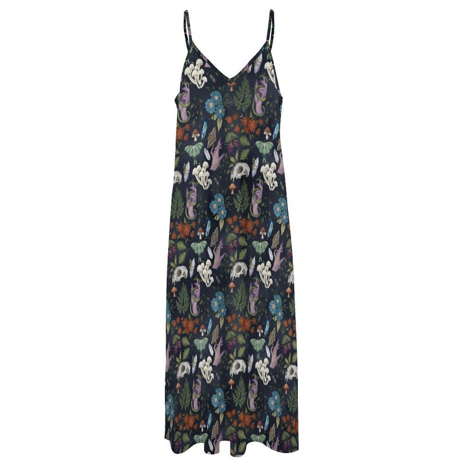 Woodland Maxi Dress, Fairycore Boho Floral Sundress, Dark Cottagecore Ankle-Length Style