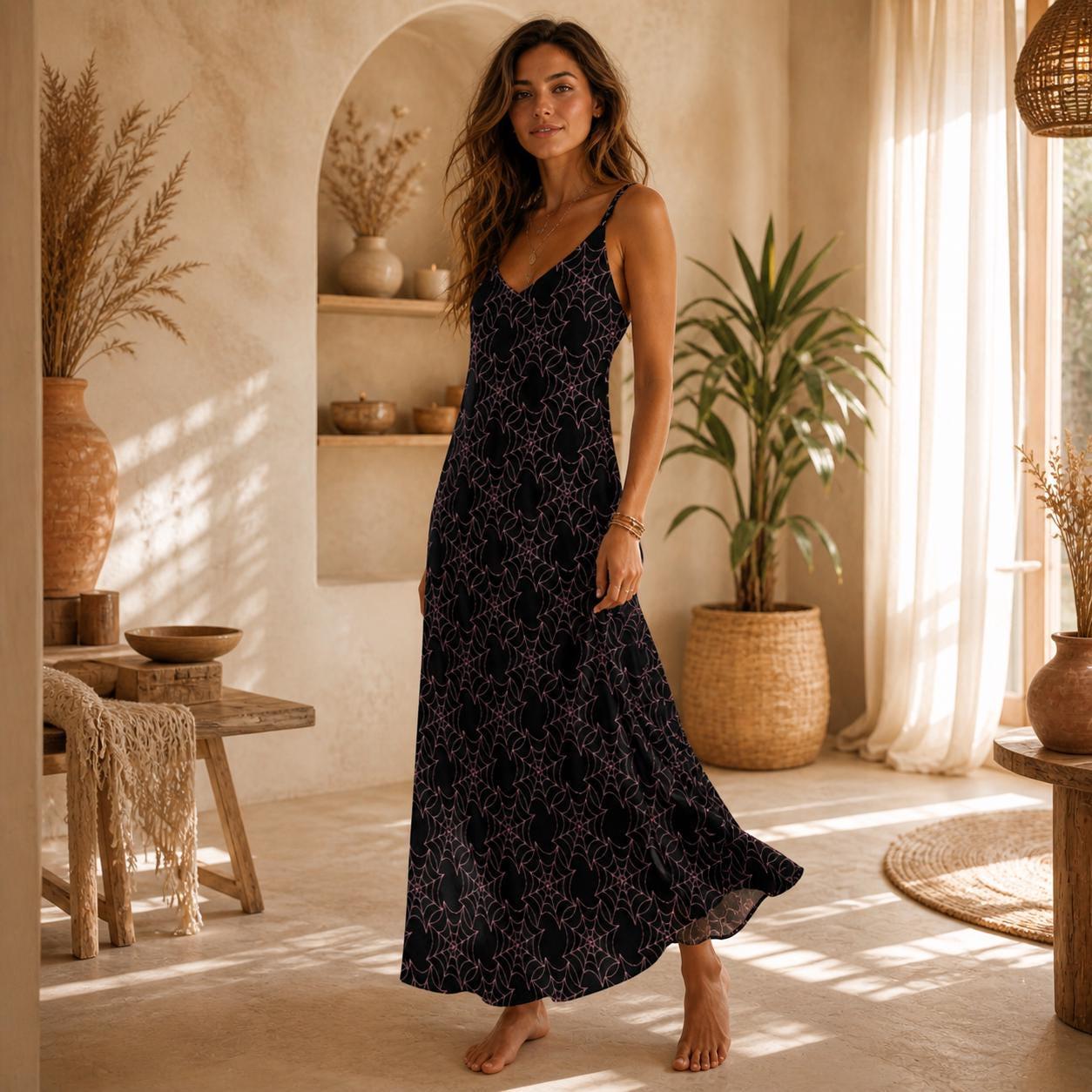 Spider Web Cami Dress for Halloween, Gothic Maxi Slip in Black