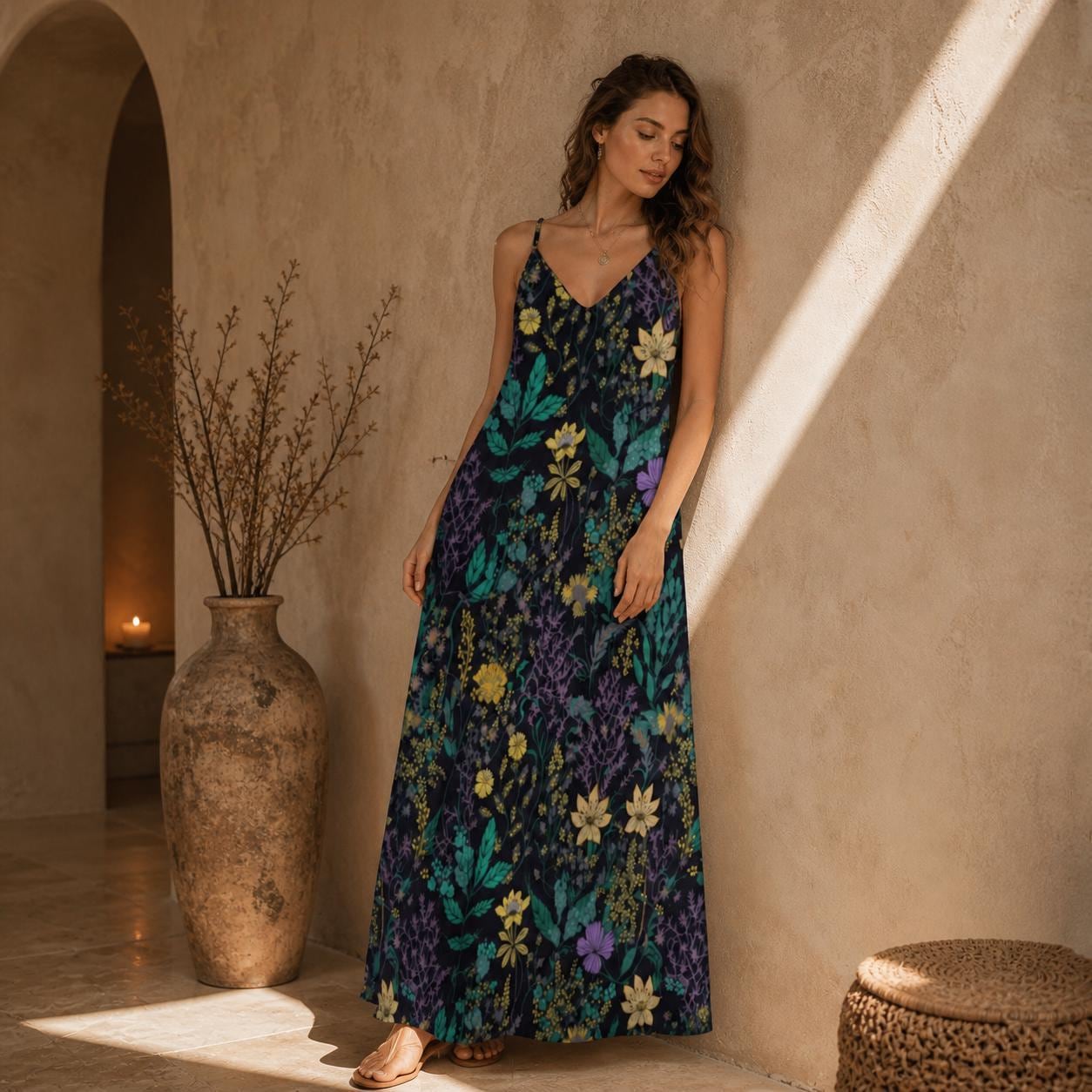Dark Botanical Maxi Dress, Enchanted Garden Floral Cottagecore Sundress