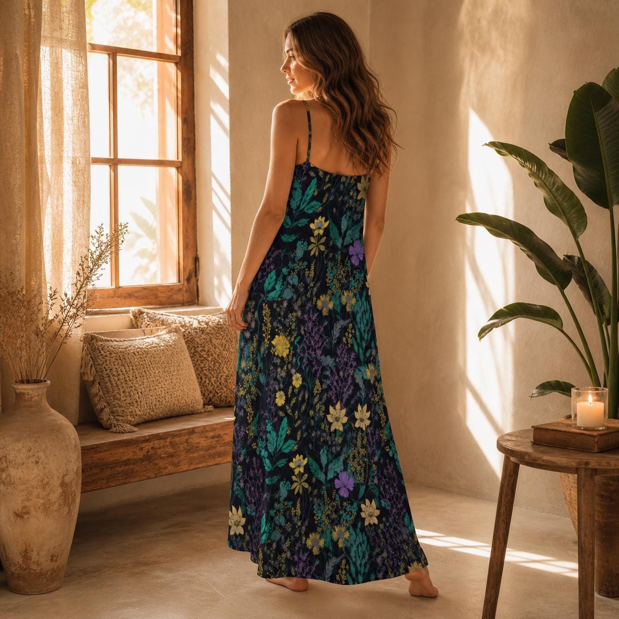 Dark Botanical Maxi Dress, Enchanted Garden Floral Cottagecore Sundress