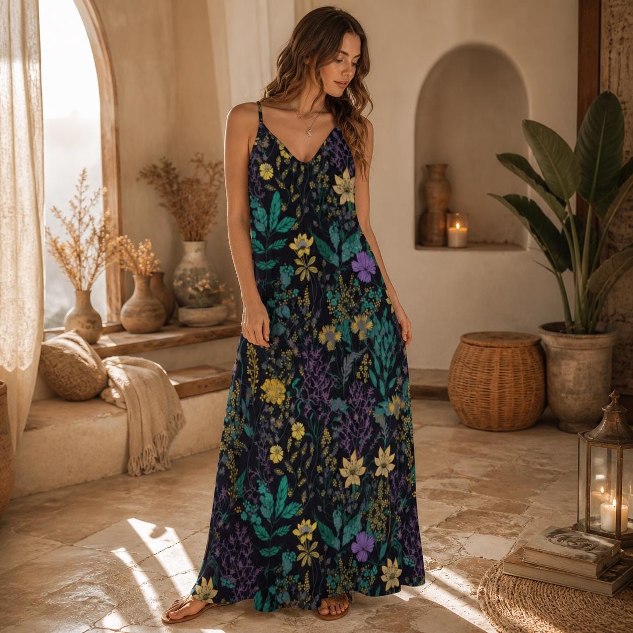 Dark Botanical Maxi Dress, Enchanted Garden Floral Cottagecore Sundress