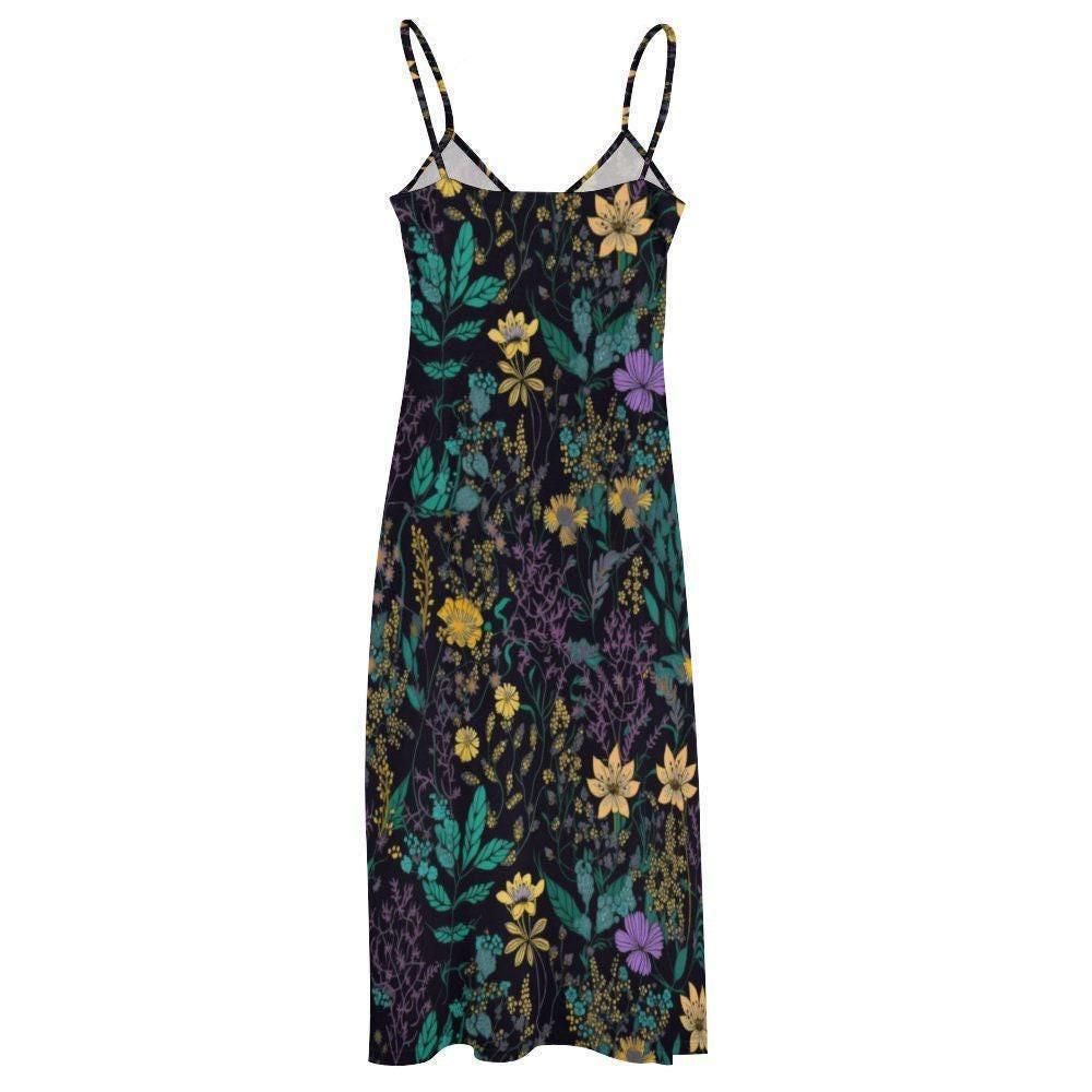 Dark Botanical Maxi Dress, Enchanted Garden Floral Cottagecore Sundress